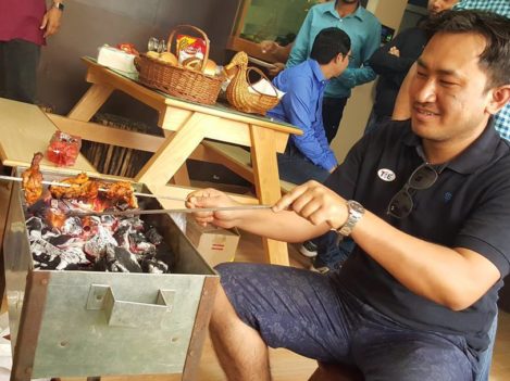 Shyam showing his cooking talent on first family day