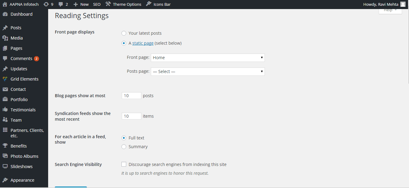 Wordpress snap shot showing Setting Screen